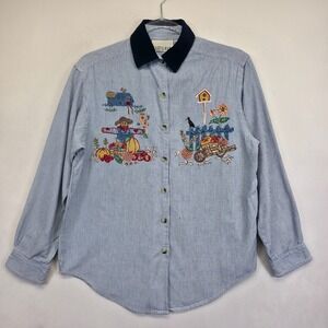 Casey and Max Blouse Womens S Blue White Striped Embroidered Autumn Granny Shirt